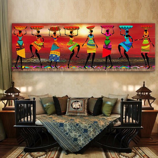 Canvas Schilderij | Vrouwen in Afrikaanse stijl dansen | 50 x 150 cm | Woondecoratie | Muurdecoratie kantoor | Muurdecoratie thuis | Tuinposter | Decoratie thuiskantoor