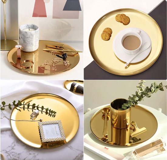 Plateau Décoratif Doré 22cm - Organisateur Bijoux, Maquillage Et Bougie En Acier Inoxydable