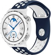 Strap-it Ademend siliconen sport bandje - geschikt voor Huawei Watch GT 3 Pro 43mm / GT 3 42mm / GT 2 42mm - blauw/wit