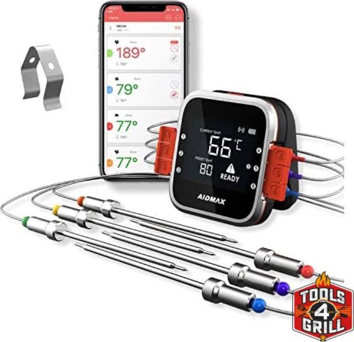 Tools4grill / AidMax Vleesthermometer – Bluetooth met App – Digitale Kernthermomter – Thermometer geschikt voor BBQ, Oven & Grill – Waterbestendig – Incl. Batterijen - Geleverd met 6 sondes