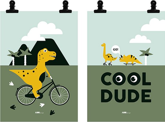 Poster set Dino 2x maat A4 - dino - dinosaurus - cool - cool dude - fiets - olijf groen - old green - kinderkamer - jongenskamer - dinokamer - muurdecoratie - kinderkamerstyling – kinderkameraccessoire