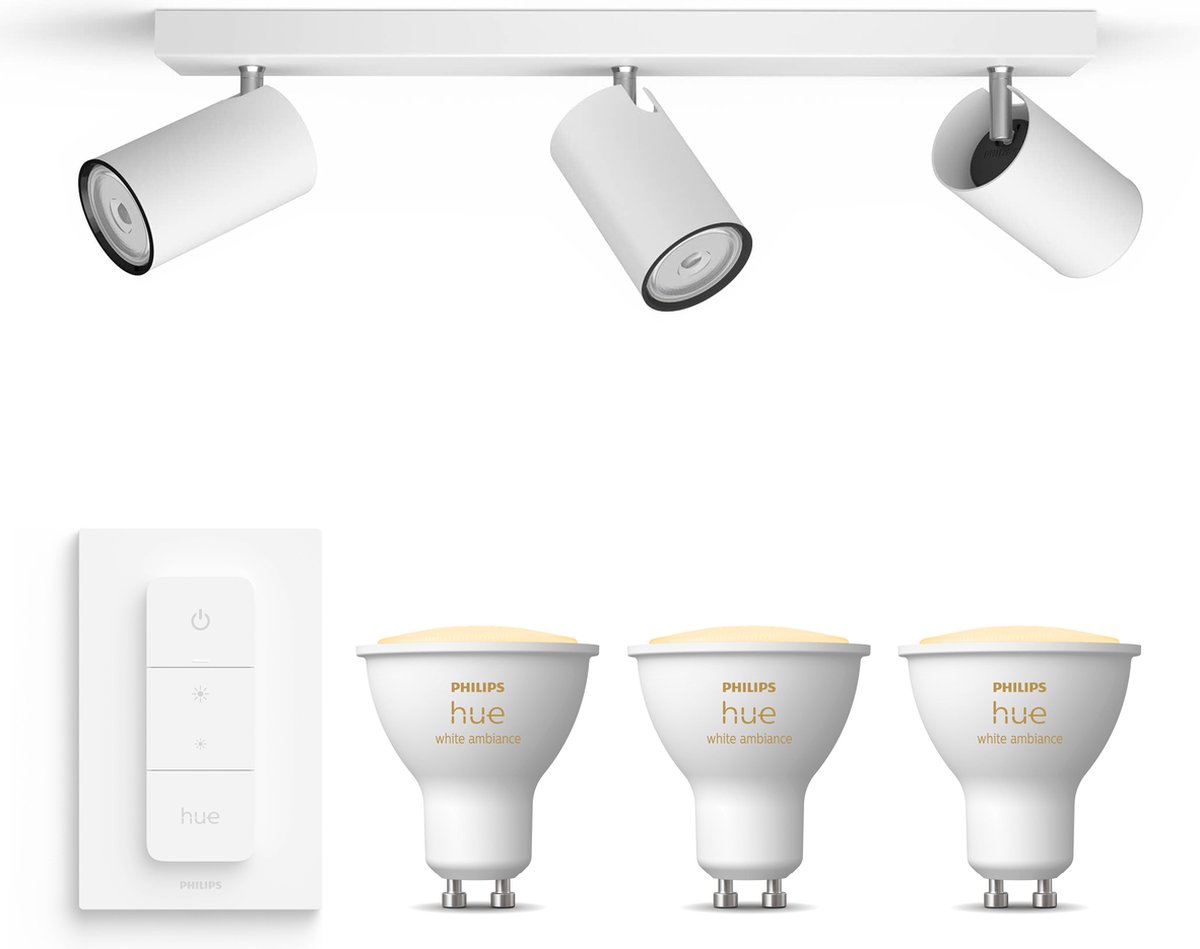 Philips myLiving Kosipo Opbouwspot Wit - 3 Lichtpunten - Spotjes Opbouw Incl. Philips Hue White Ambiance GU10 & Dimmer - Bluetooth