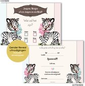 GR005 TWEELING (8 stuks) - Baby Gender Reveal uitnodiging 8 st - Zebra -Gender reveal party - invulkaarten - Jongen of een Meisje? uitnodigingen met enveloppen - kaarten met enveloppen - Zebra thema