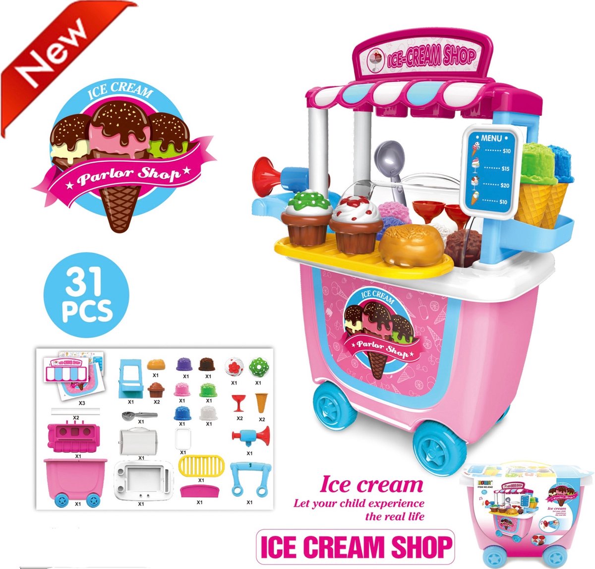 Kinder speelgoed - IJs kraam - Speelgoedwinkeltje - Marktkraam - Meeneemtrolley op wielen - Ice cream shop - Soft ijs