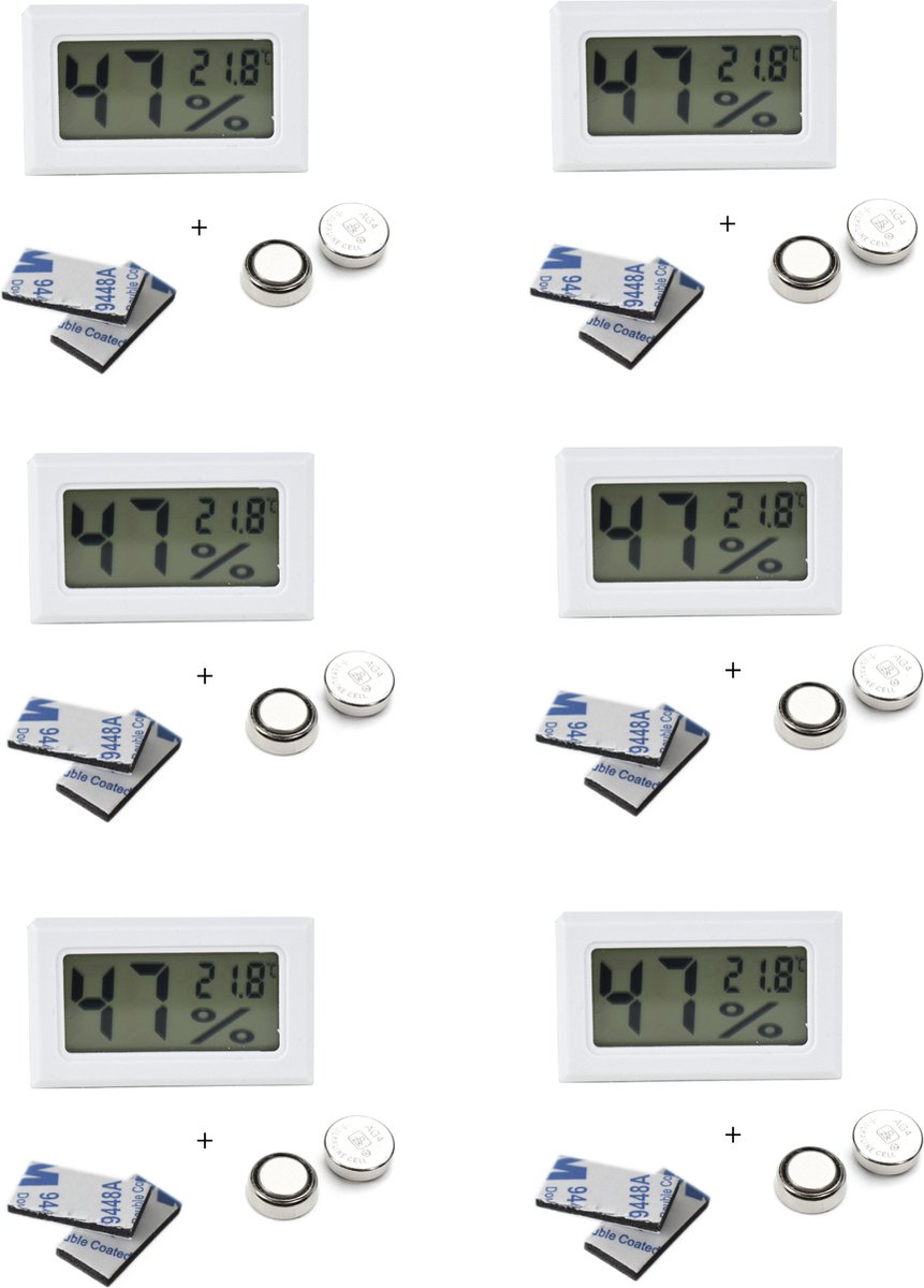 Tool Meister TM1 – Hygrometer & Thermometer - Binnen/Buiten/Koelkast – Digitaal - Wit - 6 stuks - Incl batterijen