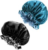 Beyeza Bonnet Satijnen Slaapmuts voor Volwassenen – Haarnetje – Haarverzorging - Satijn – Verstelbaar - Zwart/Groen - 2 STUKS