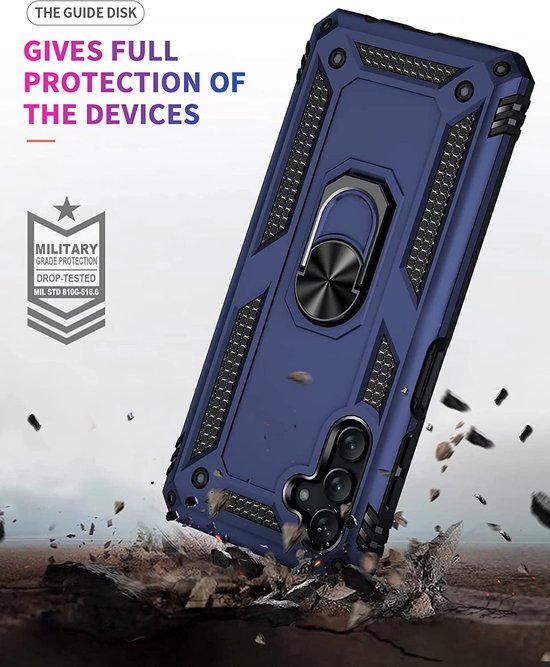 HB Hoesje Geschikt voor Samsung Galaxy A04S & M13 Blauw - Anti-Shock Hybrid Armor Back Cover - Hoes met Kickstand Ring