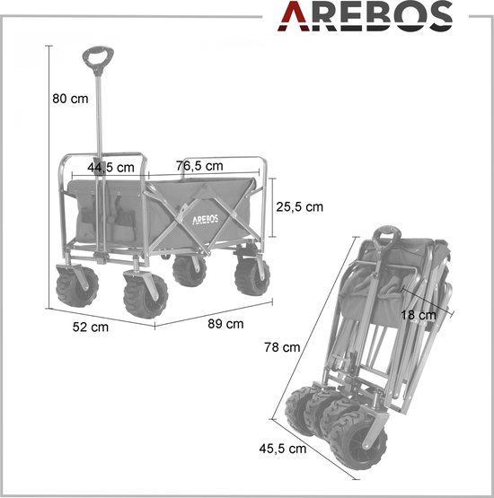 AREBOS Bolderkar Opvouwbare - Bolderkar - Strandkar - Zwart / Grijs van AREBOS — afbeelding 5