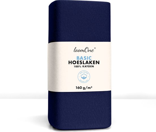 Loom One Hoeslaken – 100% Jersey Katoen – 200x200 cm – tot 23cm matrasdikte– 160 g/m² – Donkerblauw