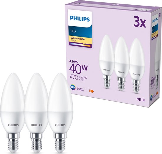 Philips LED Kaarslamp Mat - 40 W - E14 - Warmwit licht - 3 stuks