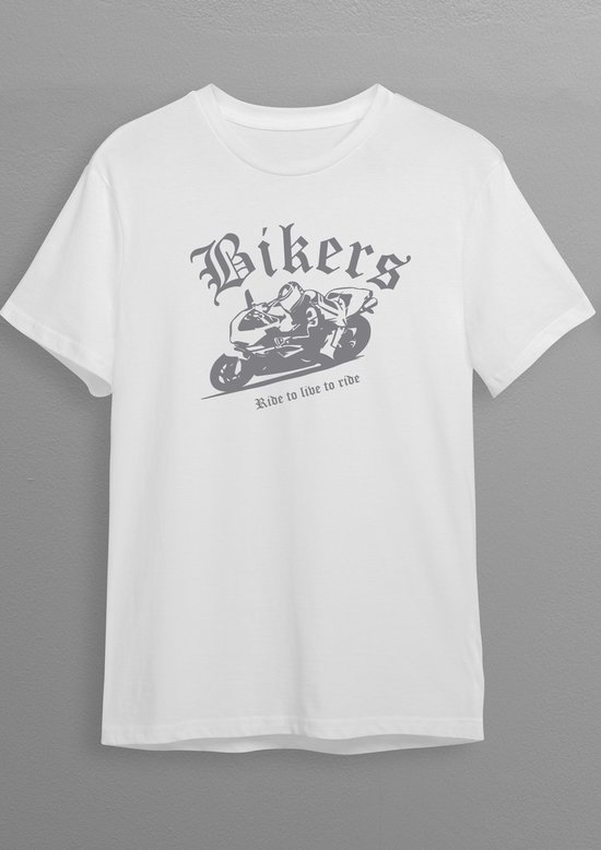 Race Bike | Bikershirt | Wit T-shirt | Zilvere opdruk | S