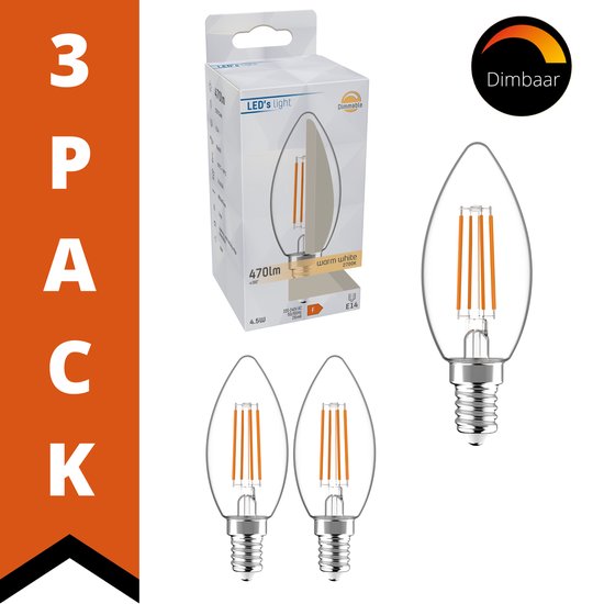ProDim LED Filament Lamp Kaars E14 - Dimbaar - Helder glas - 4.5W (40W) - Warm wit - 3 Kaarslampen