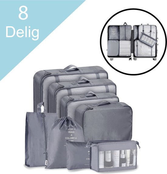 VoordeelShop Packing Cubes Set 8-delig - Kleding organizer set voor koffer en backpack - Bagage organizers - Grijs