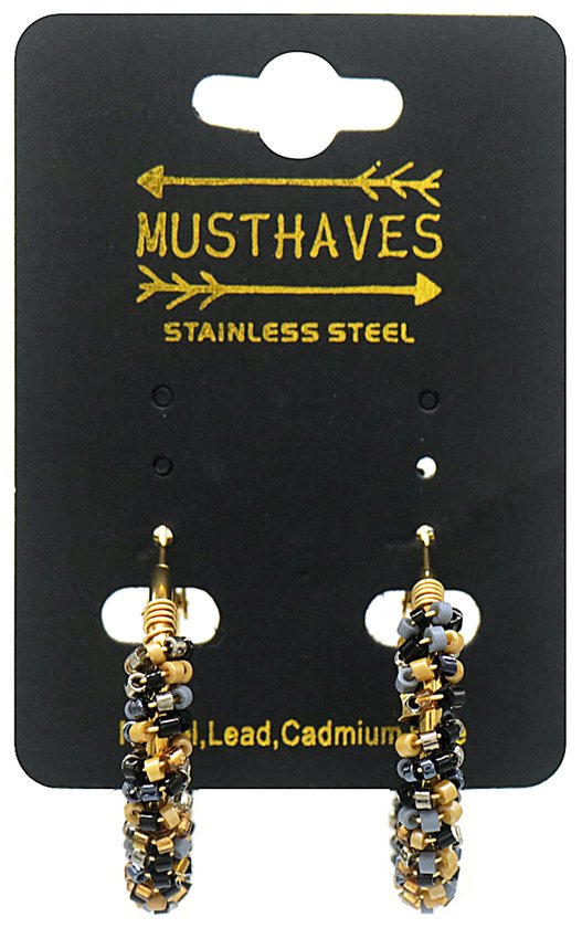 Boucles d'oreilles d'Oreilles - Perles de Verre - Boucles d'oreilles d'Oreilles Acier Inoxydable - 3,5 cm - Or et Zwart