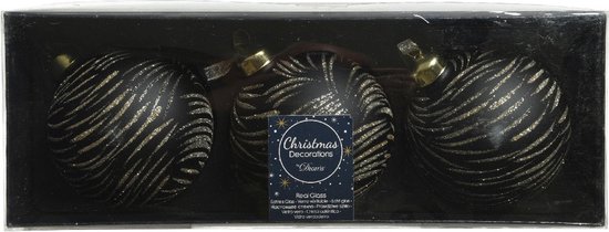 3x morceaux de boules de Noël en verre de luxe en laiton noir avec or 8 cm - Décorations de Décorations de Noël pour arbres de Noël