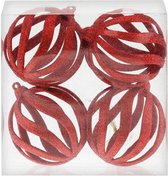 Kerstballen - 4 stuks - rood - kunststof - glitter - 8 cm