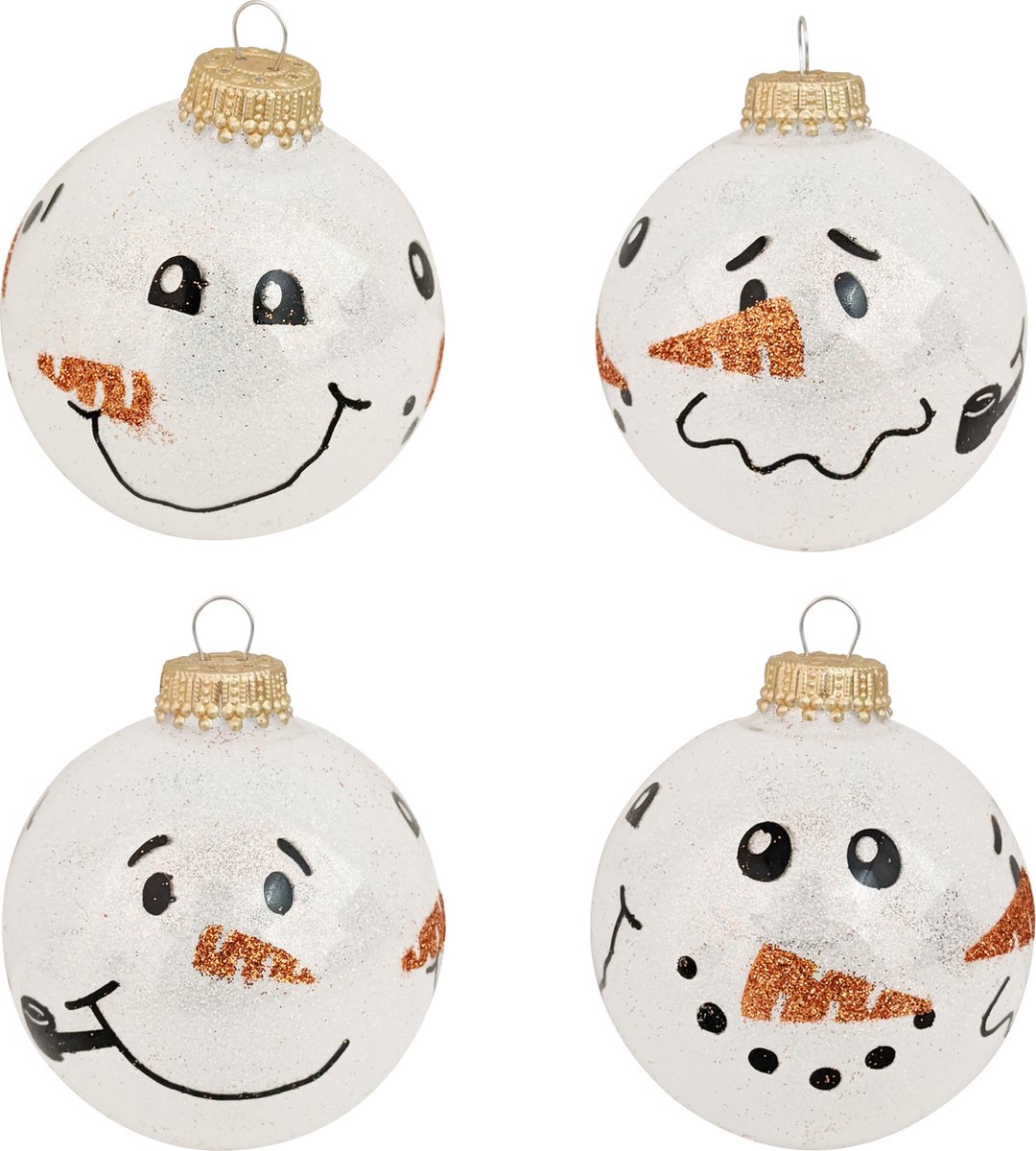 4x Luxe glitter witte glazen kerstballen sneeuwpoppen 7 cm - Kerstversiering/kerstdecoratie wit