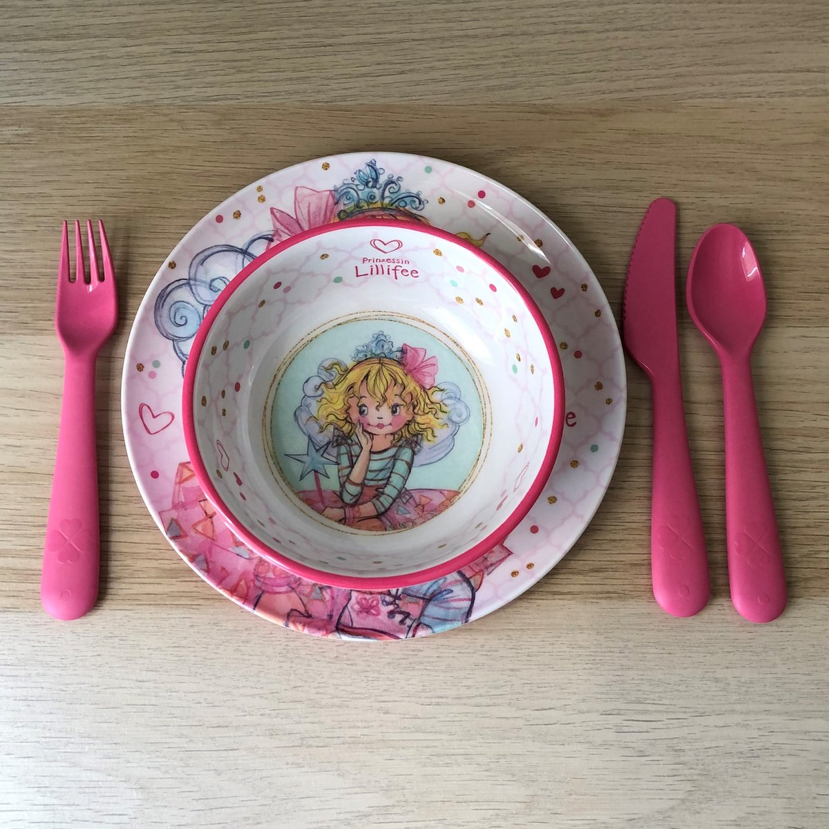 kinder servies set melamine (bord + kom) prinses lillifee - Die spiegelburg & kunststof bestekset roze - Kalas