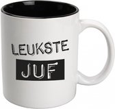 Mok - Koffie - Zwart Wit - Leukste Juf - In cadeauverpakking met gekleurd krullint