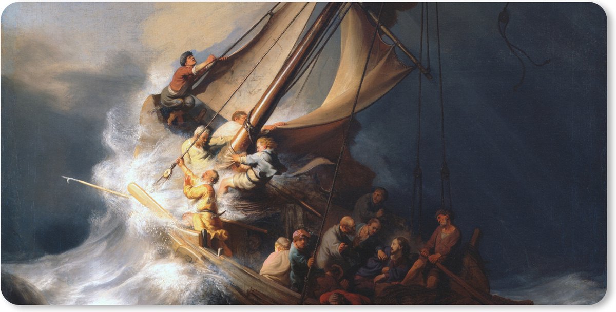 Muismat XXL 90x45 cm - Bureau onderlegger - Bureau mat De storm op het meer van Galilea - Schilderij van Rembrandt van Rijn - Bureaumat - Gaming mousepad xl - Bureaulegger groot - Computer deskmat