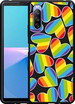 Sony Xperia 10 III Hoesje Zwart Regenboog Hartjes Designed by Cazy