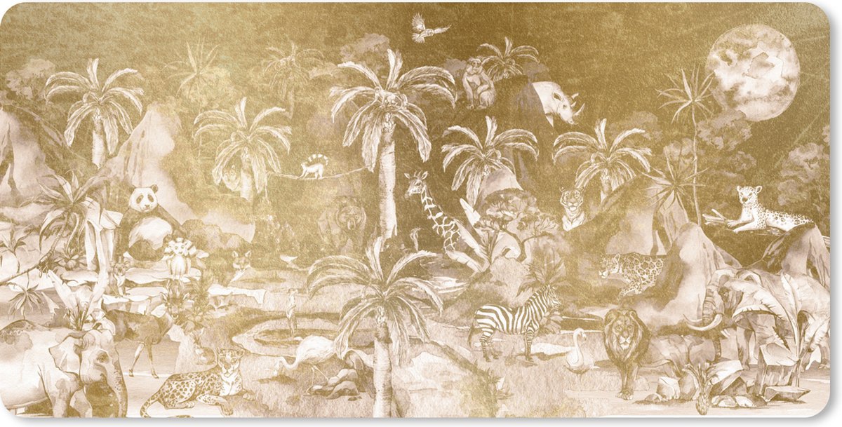 Muismat XXL 100x50 cm - Bureau onderlegger - Bureau mat Jungle - Goud - Kinderen - Planten - Dieren - Bureaumat - Gaming mousepad xl - Bureaulegger groot - Computer deskmat