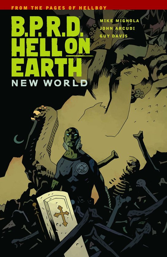 B.P.R.D. Hell On Earth: New World comic kaft met een groene man en botten.