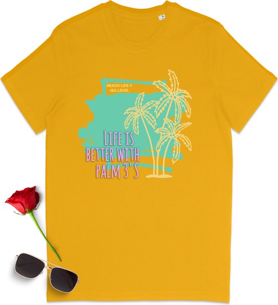 Zomer tshirt met print - Life is better with palmtrees - T-shirt met zomer opdruk heren - T shirt dames met zomer print - Vakantie t shirt voor vrouwen en mannen - Unisex maten:  S M L XL XXL XXXL - Tshirt kleuren: Zwart, geel, rood en blauw.