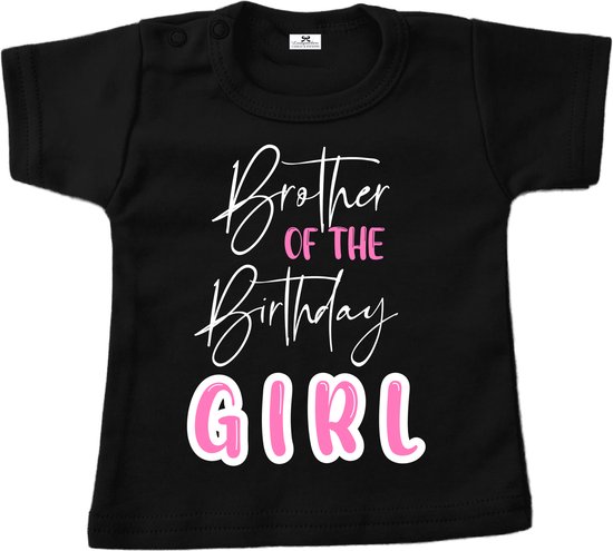 Shirt verjaardag meisje-brother of the birthday girl-zwart-roze-wit-Maat 86