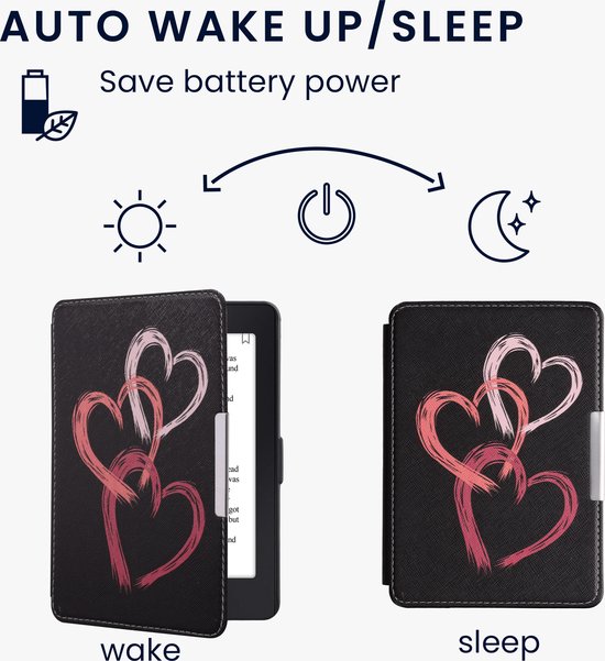 kwmobile e-reader hoesje geschikt voor Amazon Kindle Paperwhite hoes - E reader flip case met magnetische sluiting - Ereader cover - Abstract hart design in oudroze / poederroze / zwart — afbeelding 4