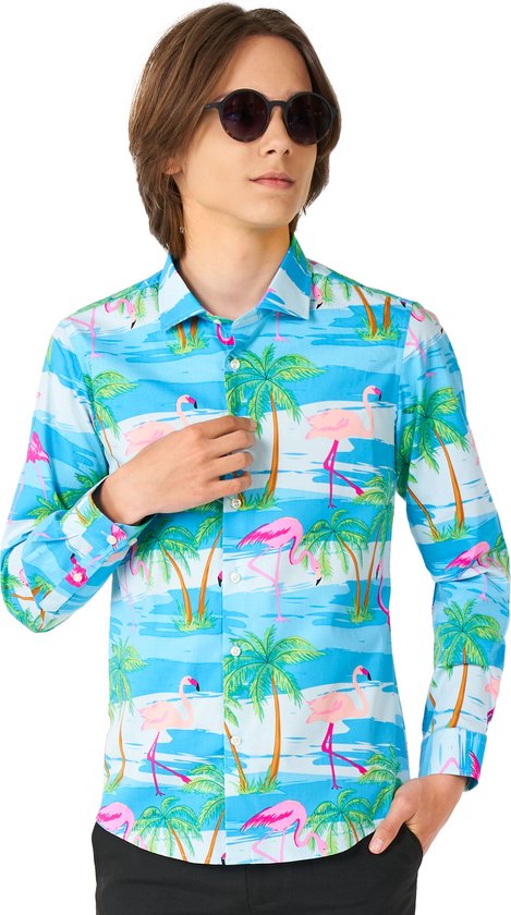 OppoSuits Lange Mouwen Overhemd Flaminguy Teen Boys - Tiener Overhemd - Tropisch Flamingo Shirt - Blauw - Maat EU 170/176