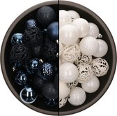 Bellatio Decorations Kerstballen mix - 74-delig - donkerblauw en wit - 6 cm - kunststof