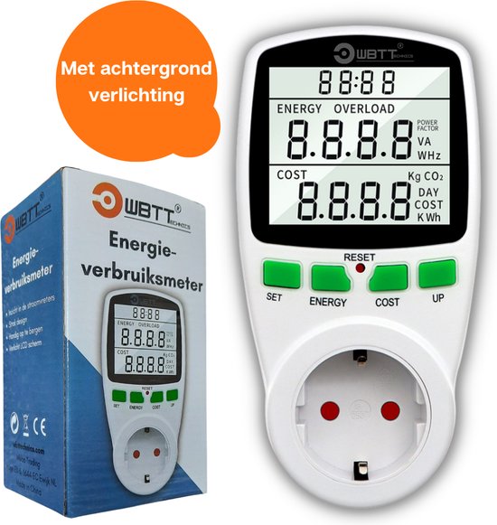 Energiemeter met Achtergrondverlichting WBTT® – verbruiksmeter – energiekostenmeter – elektriciteitsmeter – energieverbruiksmeter – kWh meter - stopcontact