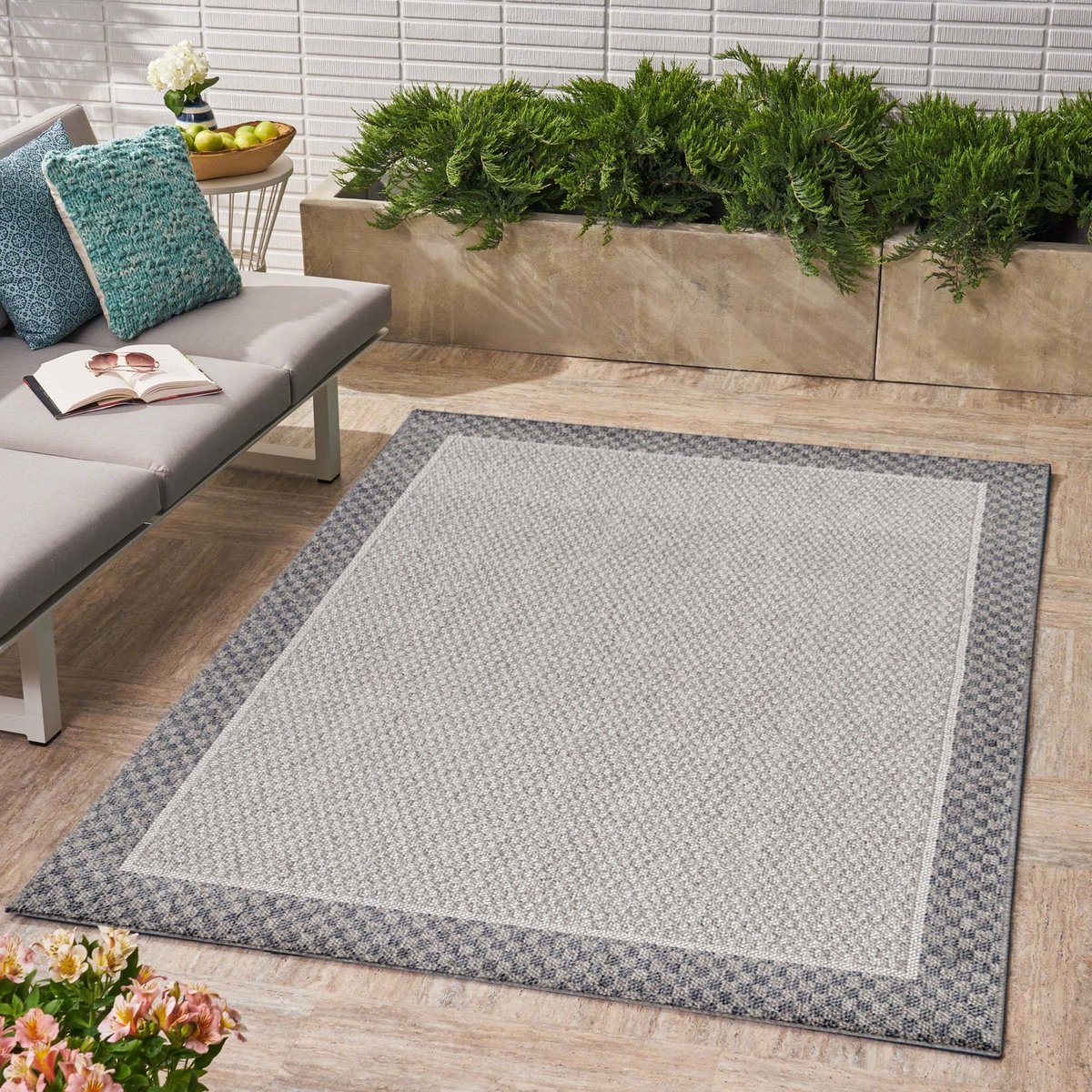Flycarpets Belize Vloerkleed / Buitenkleed - Binnen & Buiten - Crème / Grijs - Laagpolig - Kadermotief - 200x290 cm