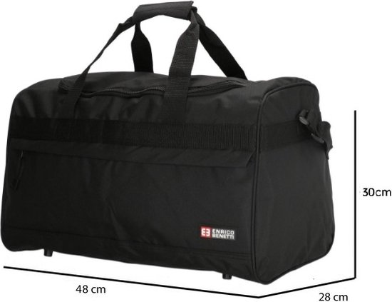 Afmetingen van een zwarte Enrico Benetti sporttas: 48 cm lang, 28 cm breed en 30 cm hoog.
