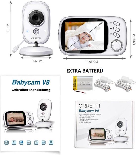 Orretti® V8 Babyfoon met camera - EXTRA batterij inbegrepen - Nederlandse Handleiding - Groot LCD scherm - Sterk Zendbereik - Upgrade Versie - Orretti