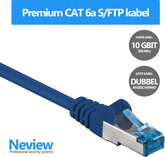 Neview - Câble patch premium S/FTP de 20 mètres - CAT 6a - 10 Gbit - 100% cuivre - Blauw - Double blindage - (câble réseau/câble internet)