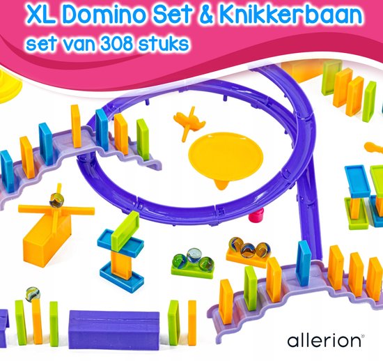 Thumbnail van een extra afbeelding van het spel Allerion Domino Set XL – Domino Stenen Spel voor Kinderen – Met Knikkerbaan – 308-delig – Veel Attributen