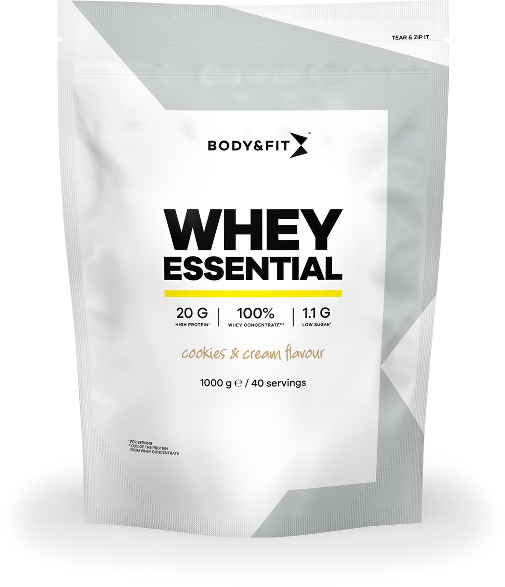 Goedkoopste Body & Fit Whey Essential - Eiwitpoeder - Proteine Poeder - 100 Whey Eiwitconcentraat - Whey Protein - Eiwitshakes - Cookies & Cream - 1000 gram (40 shakes