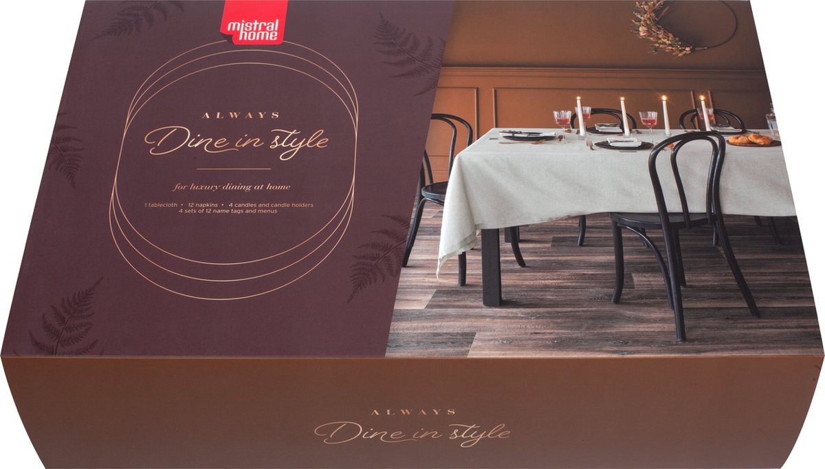 Mistral Home - Giftbox - Cadeau - Tafellinnen - Dine in style - Tafellaken, 12 servetten, menukaarten, naamkaarten, kandelaars - Linnenlook - Beige