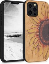 kwmobile telefoonhoesje compatibel met Apple iPhone 13 Pro Max - Hoesje met bumper in geel / donkerbruin / lichtbruin - walnoothout - Wood Sunflower design