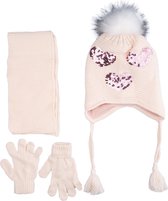 Kitti 3-Delig Winter Set | Muts met Fleecevoering - Sjaal - Handschoenen | 1-4 Jaar Meisjes | Harten-01 (K2160-03)