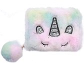 Portemonnee - Fluffy Unicorn en Pompon - Ritssluiting - 12x9x2,5 cm - Regenboog