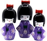 Kokeshi Doll - Japanse Houten Poppen - Lila Paars - Set van 3 Kimmidolls - Geluksbrenger