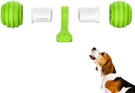 Groene en witte onderdelen van het Petgeek Playbone, met een hond die omhoog kijkt.