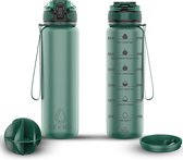 Lekro Waterfles met Tijdmarkeringen - Motivatie Drinkfles Met Fruitfilter en Shake Bal/Shaker - 1 Liter - BPA vrij - Groen