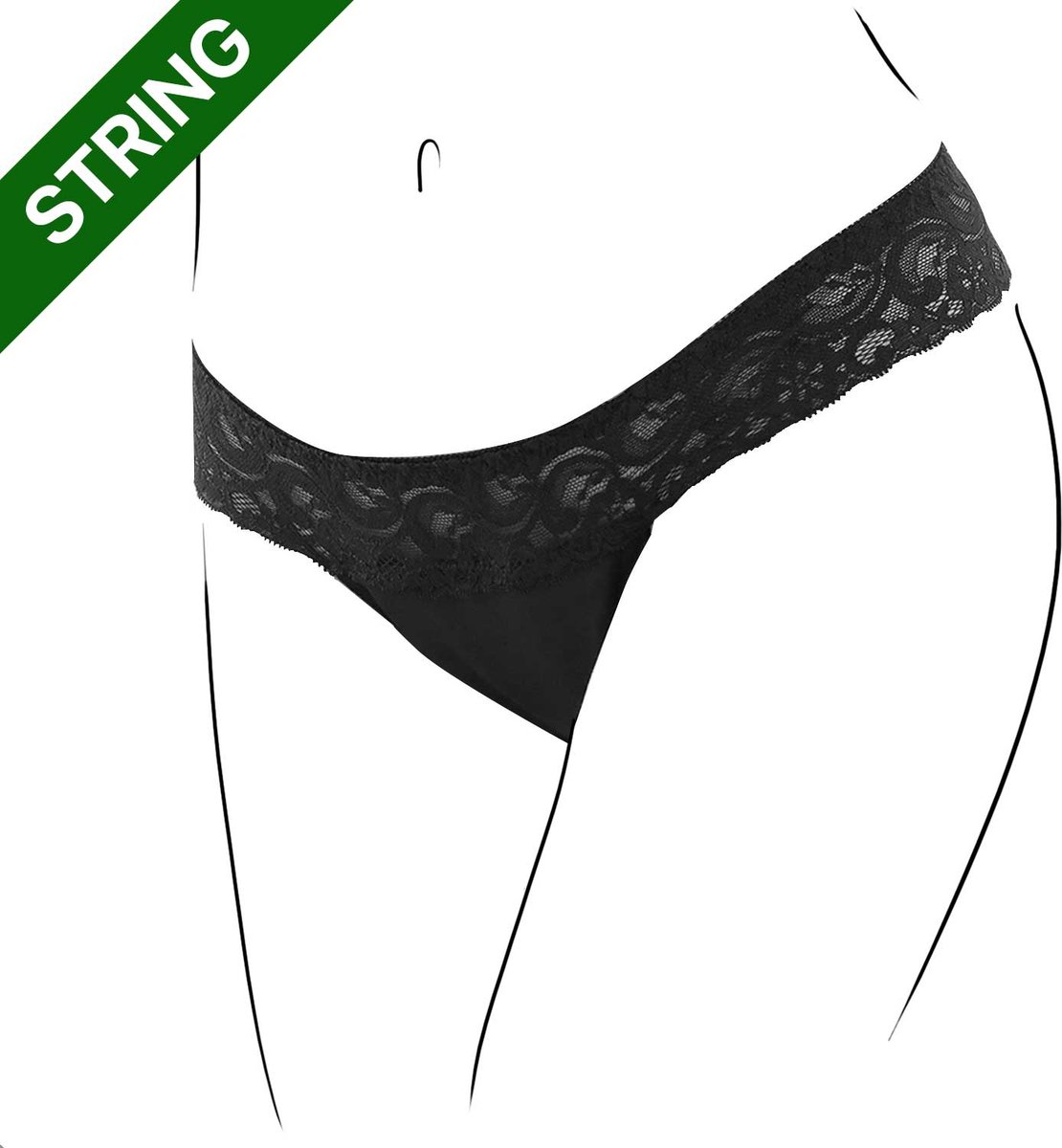 Bamboozy Menstruatie Ondergoed 4-laags String Thong Maat 3XL 46-48 Zwart Duurzaam Menstrueren Incontinentie Zero Waste Roos