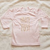 baby shirt met tekst meisje grote zus tekst cadeau aanstaande zwangerschap aankondigen bekendmaken opa en oma oom tante  big / little sister roze lange mouw maat 80