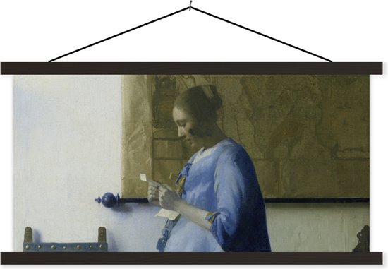 Posterhanger incl. Poster - Schoolplaat - Brieflezende vrouw in het blauw - Johannes Vermeer - 90x45 cm - Zwarte latten