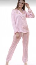 Satijn Dames 2- Delige -Pyjama- Luxe Pyjamaset- Nachtkleding Gestreept Roze Maat M